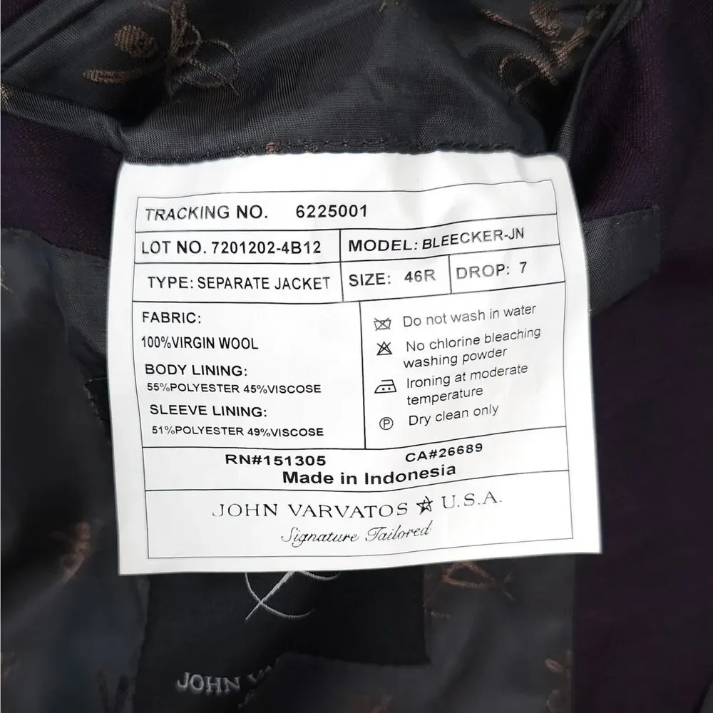John Varvatos Mens Slim Fit 2 Piece Suit 46R 38W Purple Solid Virgin Wool Twill